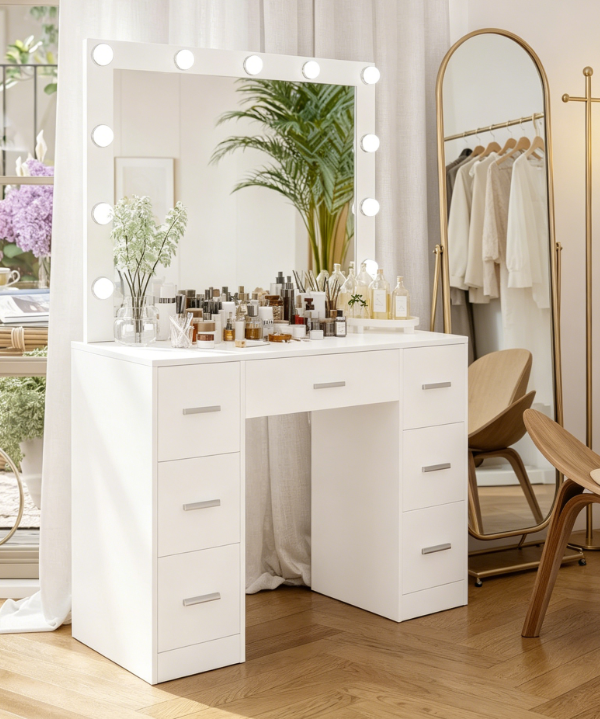 Small White Vanity Table with Lighted Mirror, 3-Colour Adjustable Lighting and Drawers
