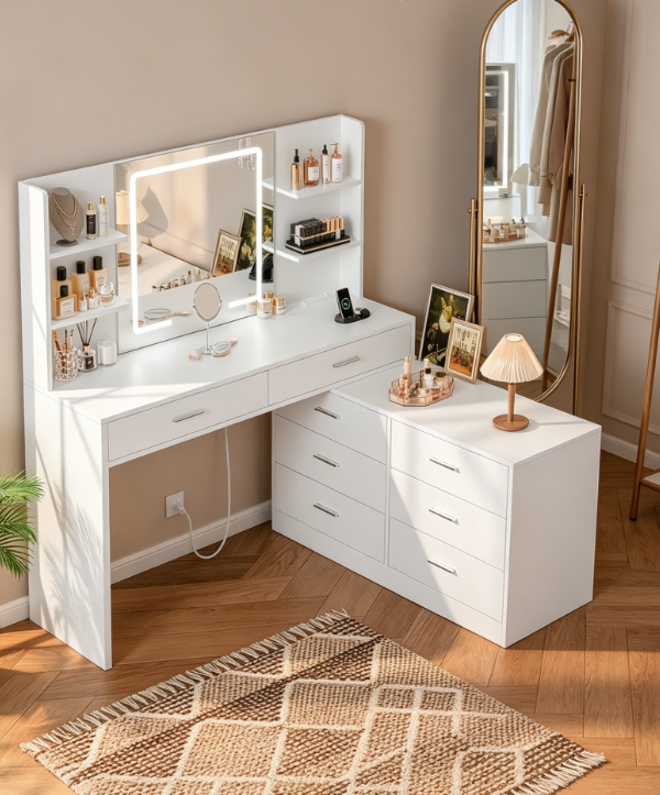 Corner Vanity Desk 65.9" with LED Mirror, Power Outlet, 8 Drawers and Open Shelves
