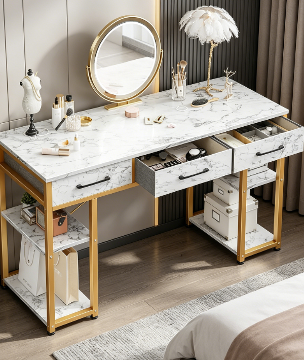 Small Vanity Desk with Fabric Drawers, White Marble and Gold Legs, No Mirror, 48"x16"
