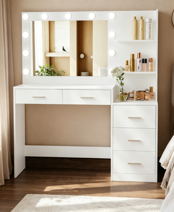 Compact 46.7" White Vanity Table with Lighted Mirror, 5 Drawers, Shelf and 11 LEDs